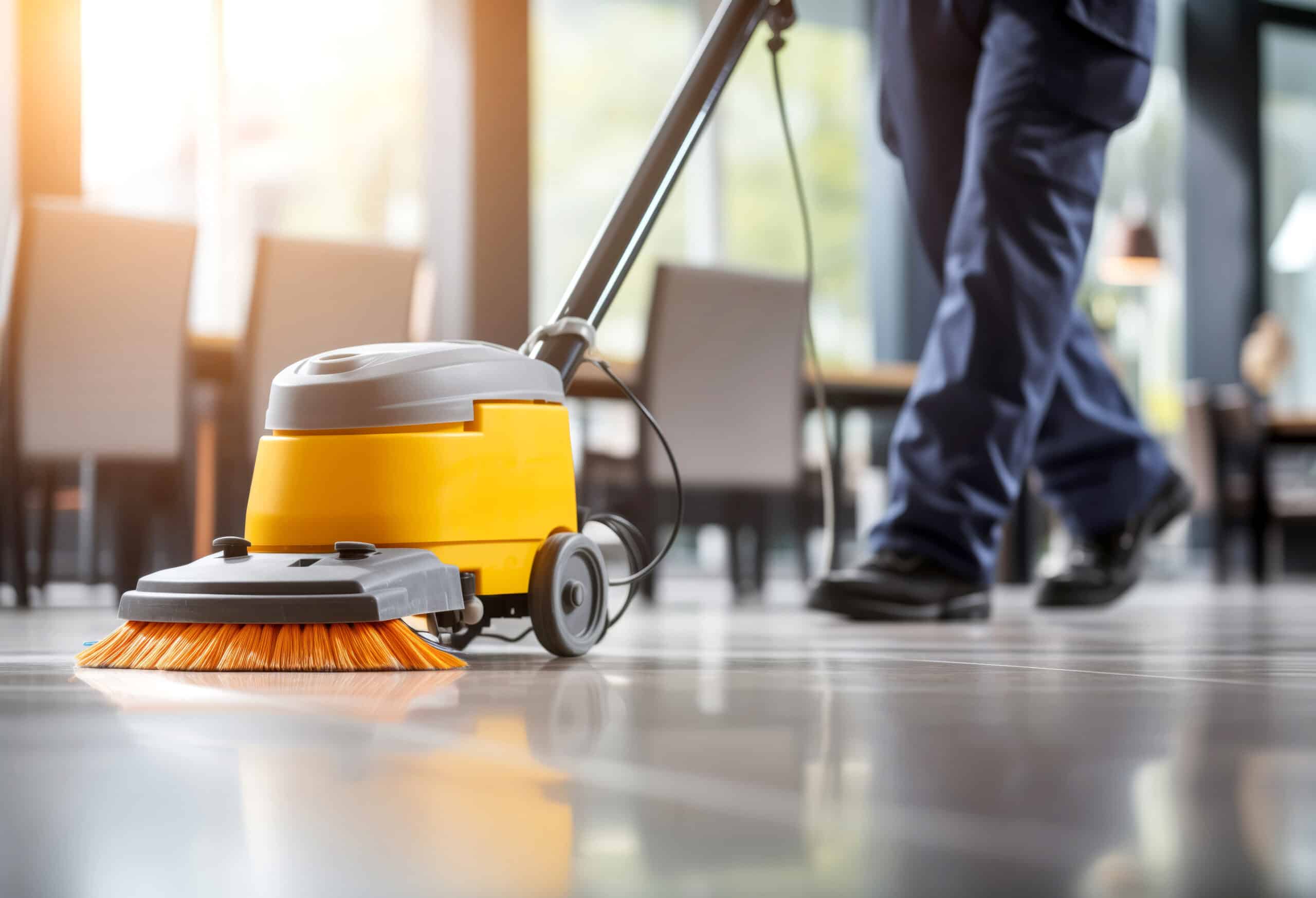 Agent d'entretien nettoyant un sol carrelé brillant avec une machine de nettoyage professionnelle jaune et grise. Brosses oranges en action.